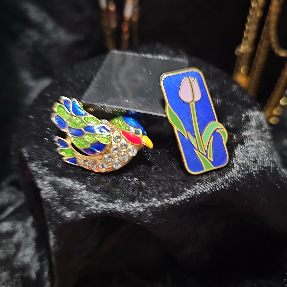 Colorful Bird and Tulip Brooch Set